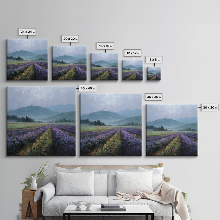 Lavender Field Leading to Distant Hills Framed Canvas Print, Landscape Art, Modern Art, Living Room Decor, Watercolor Art, LAN-1x1-34