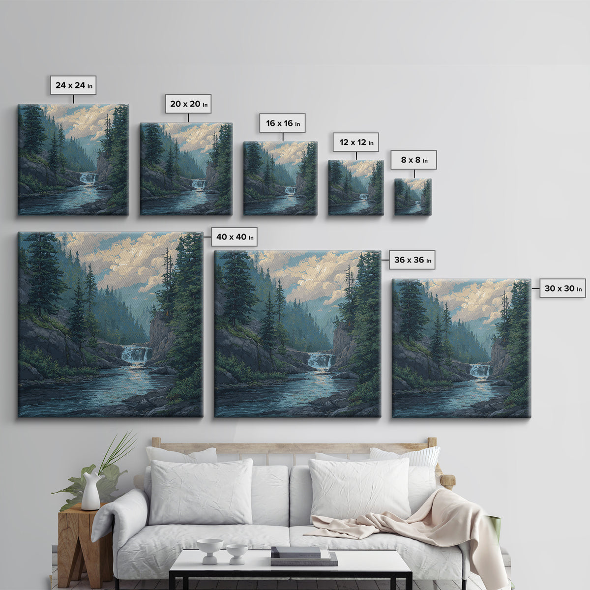 Waterfall Hidden in Dense Forest Canvas Print, Landscape Art, Original Painting, Living Room Decor, Fine Art, Horizon, LAN-1x1-36