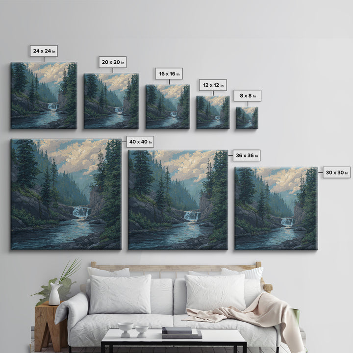Waterfall Hidden in Dense Forest Canvas Print, Landscape Art, Original Painting, Living Room Decor, Fine Art, Horizon, LAN-1x1-36