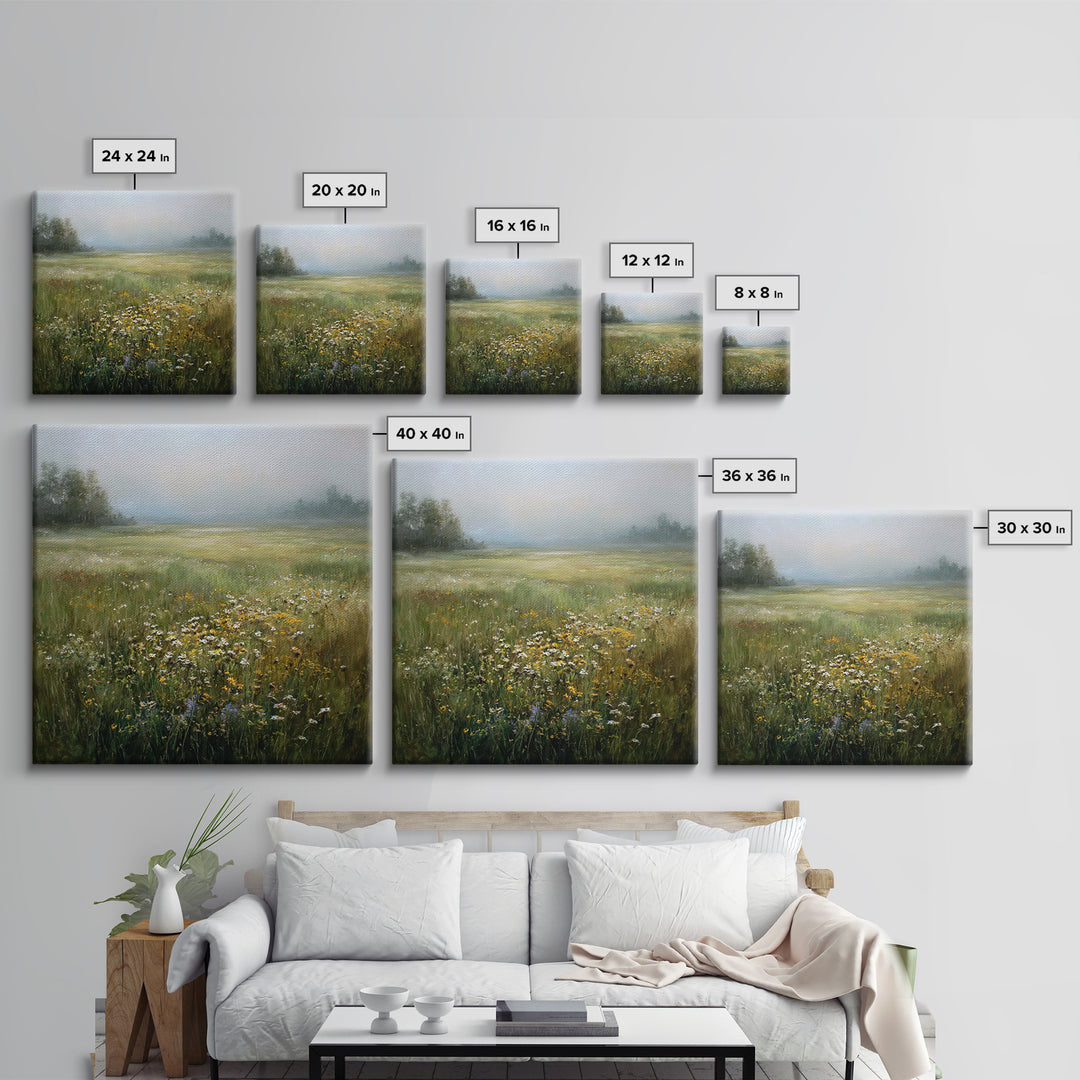 Sunlit Meadow with Wildflowers Framed Canvas Print, Landscape Art, Boho Decor, Living Room Decor, Fine Art, Horizon, Art Prints, LAN-1x1-37