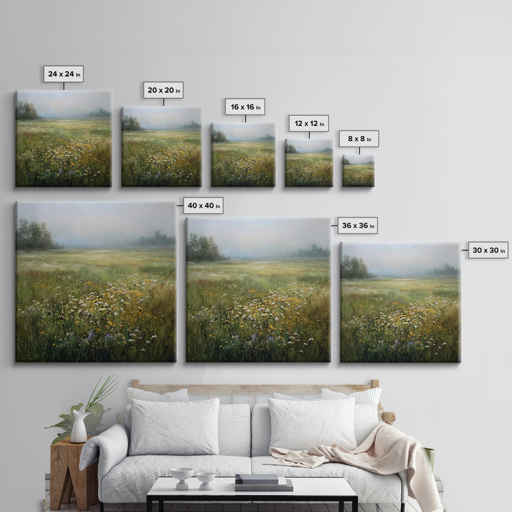 Sunlit Meadow with Wildflowers Framed Canvas Print, Landscape Art, Boho Decor, Living Room Decor, Fine Art, Horizon, Art Prints, LAN-1x1-37