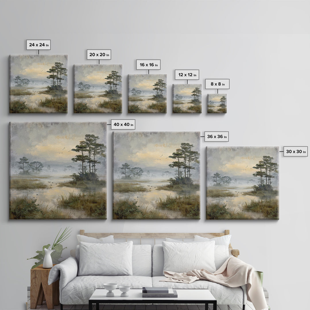 Misty Cypress Swamp Framed Canvas Print, Landscape Art, Living Room Wall Art, Living Room Decor, Oil Painting, Horizon, LAN-1x1-46