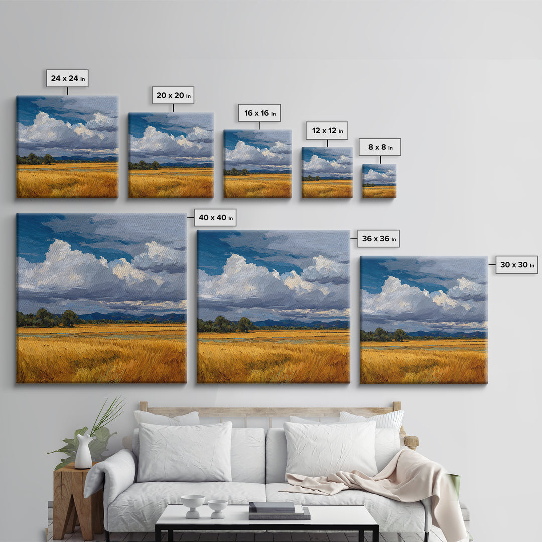 Golden Wheat Field Beneath Huge Clouds Framed Canvas Print, Landscape Art, Decor, Living Room Decor, Oil Painting, Horizon, LAN-1x1-48