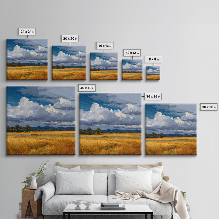 Golden Wheat Field Beneath Huge Clouds Framed Canvas Print, Landscape Art, Decor, Living Room Decor, Oil Painting, Horizon, LAN-1x1-48