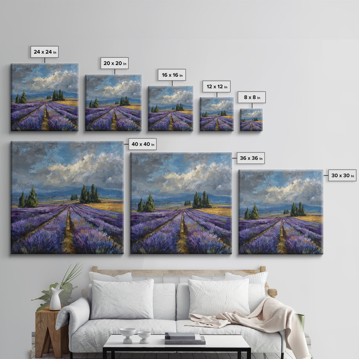 Lavender Field Leading to Distant Hills Framed Canvas Print, Landscape Art, Modern Art, Living Room Decor, Watercolor Art, LAN-1x1-58