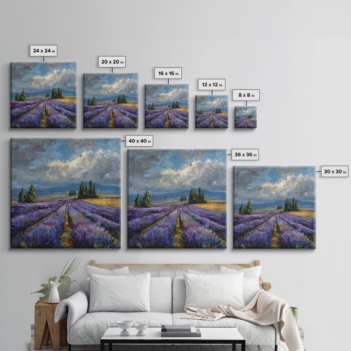 Lavender Field Leading to Distant Hills Framed Canvas Print, Landscape Art, Modern Art, Living Room Decor, Watercolor Art, LAN-1x1-58