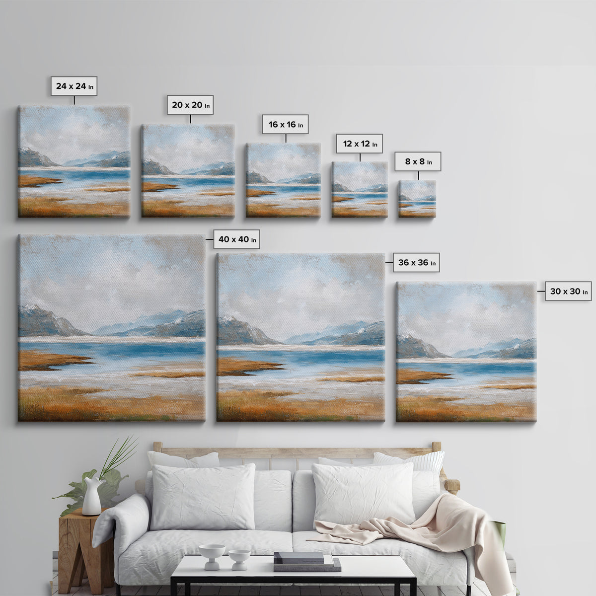 Fjord Landscape with Icy Blue Water Framed Canvas Print, Landscape Art, Neutral Decor, Living Room Decor, Oil Painting, Horizon, LAN-1x1-63