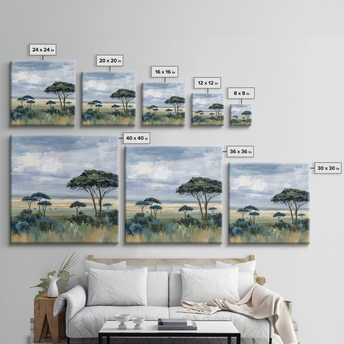 Wide Savanna with Acacia Silhouette Framed Canvas Print, Landscape Art, Modern Decor, Living Room Decor, Fine Art, Horizon, LAN-1x1-67