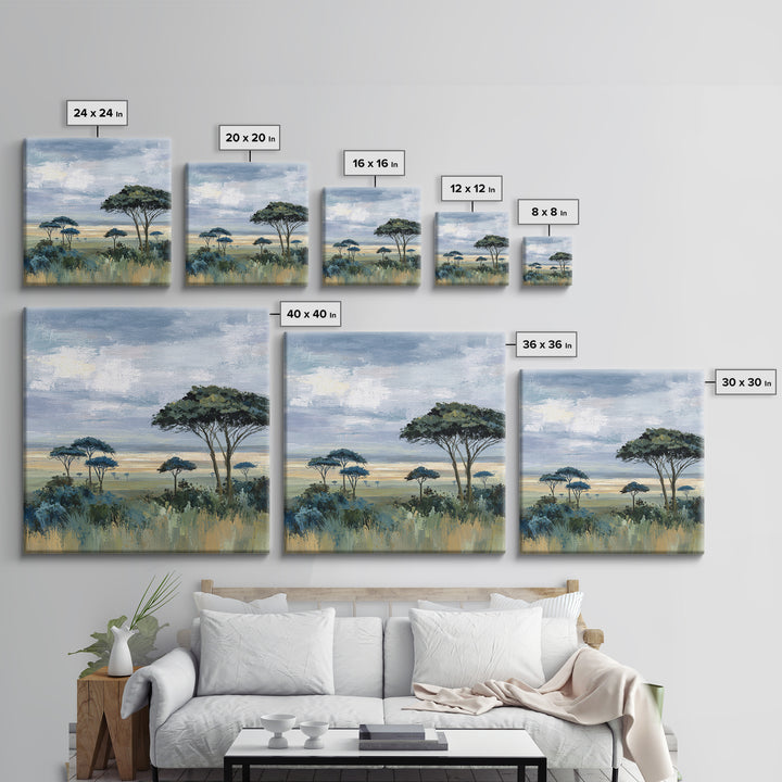 Wide Savanna with Acacia Silhouette Framed Canvas Print, Landscape Art, Modern Decor, Living Room Decor, Fine Art, Horizon, LAN-1x1-67
