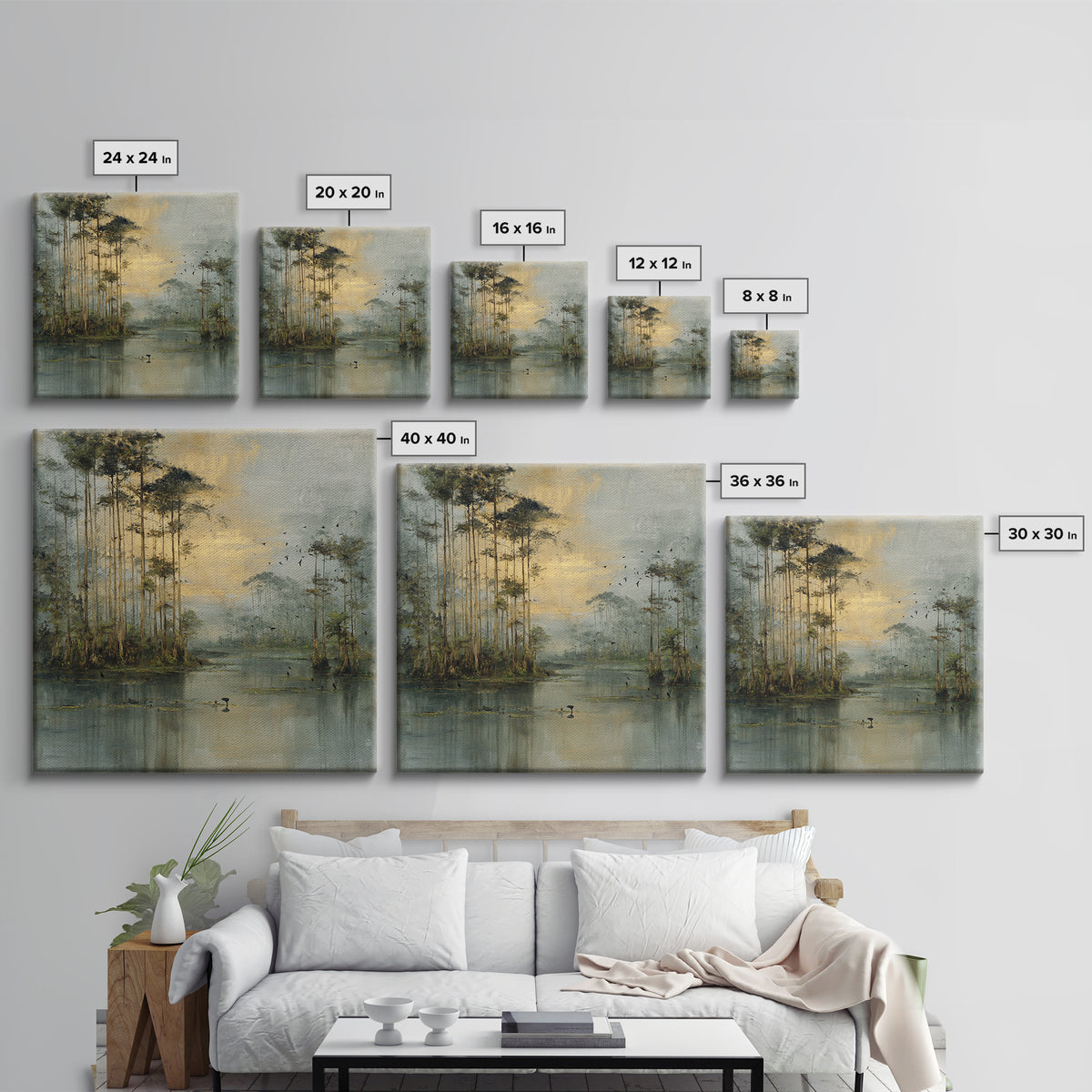 Misty Cypress Swamp Framed Canvas Print, Landscape Art, Living Room Wall Art, Living Room Decor, Oil Painting, Horizon, LAN-1x1-70