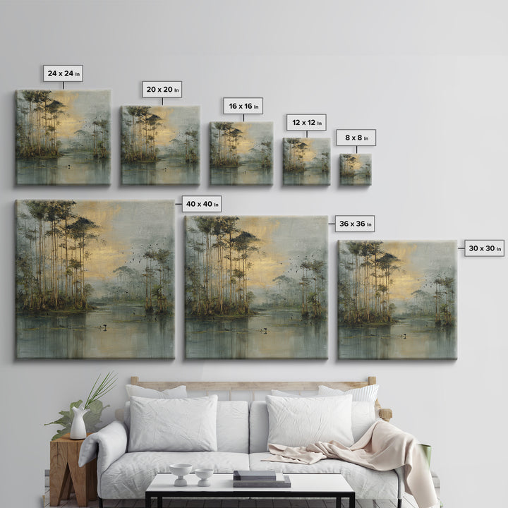 Misty Cypress Swamp Framed Canvas Print, Landscape Art, Living Room Wall Art, Living Room Decor, Oil Painting, Horizon, LAN-1x1-70