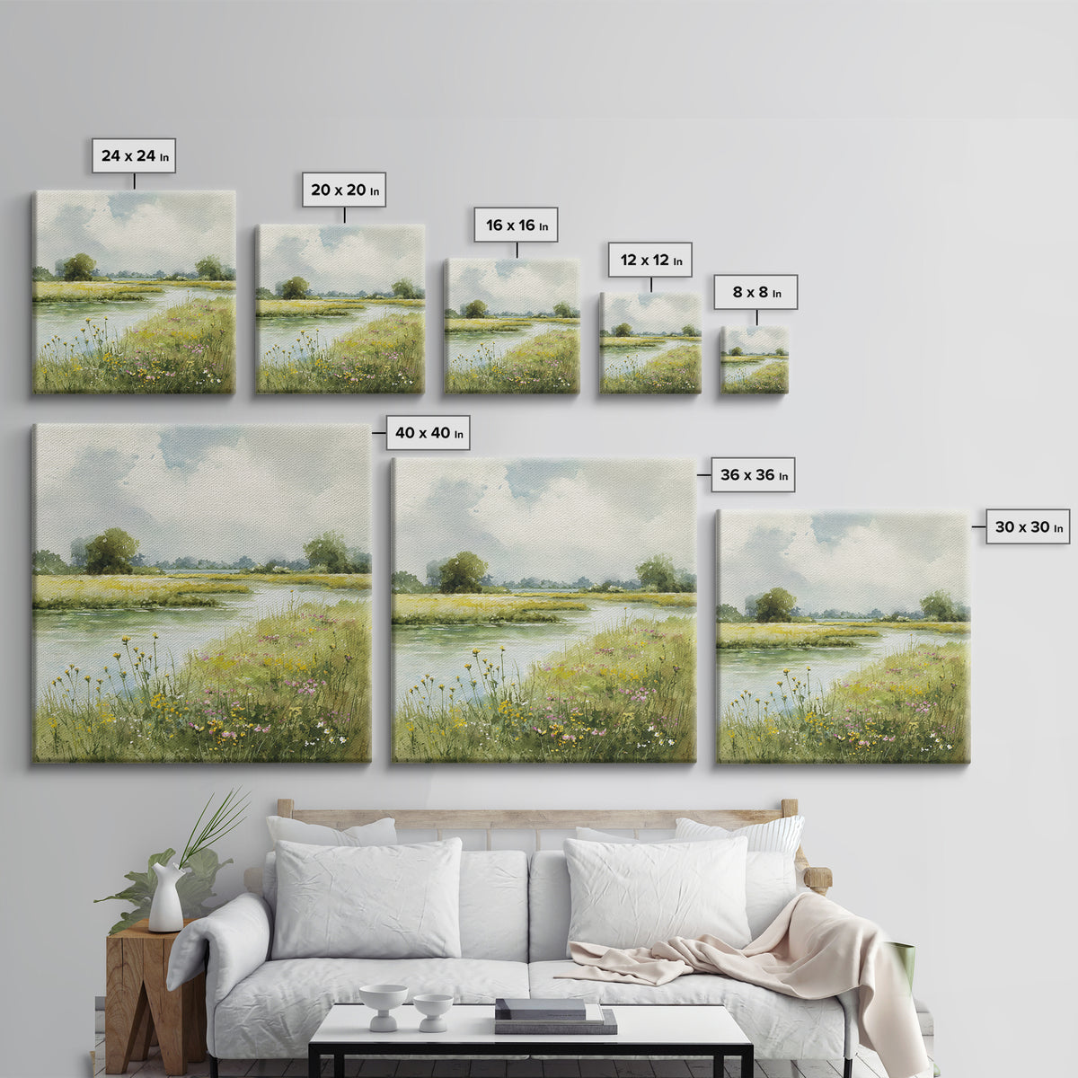 Sunlit Meadow with Wildflowers Canvas Print, Landscape Art, Minimalist Decor, Living Room Decor, Oil Painting, Horizon, LAN-1x1-85