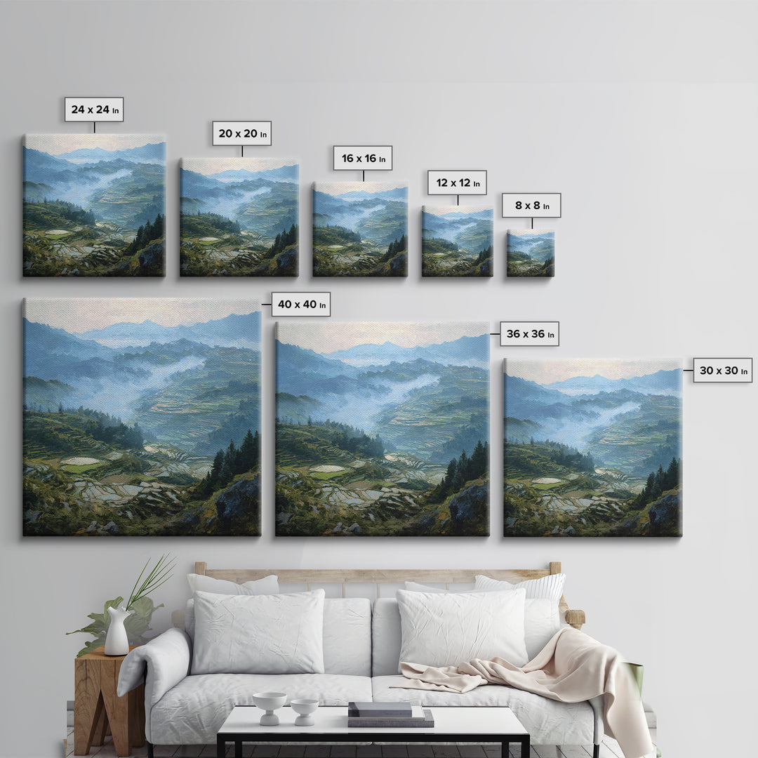 Rice Terraces Glowing Canvas Print, Landscape Art, Neutral Decor, Living Room Decor, Oil Painting, Horizon, Home Decor, LAN-1x1-90