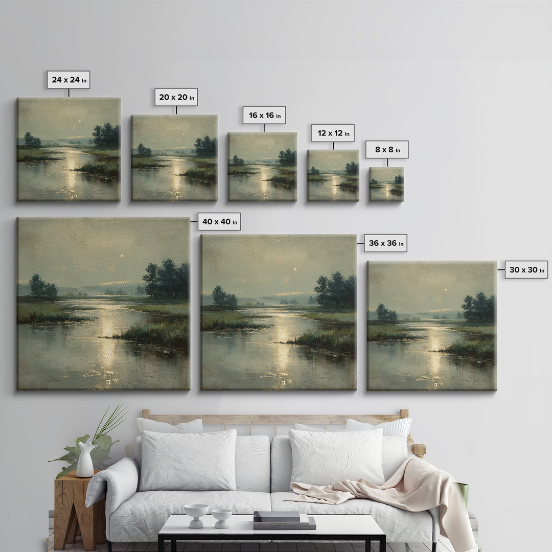 Moonlit River with Silver Reflections Framed Canvas Print, Landscape Art, Wall Art, Living Room Decor, Fine Art, Horizon, LAN-1x1-93