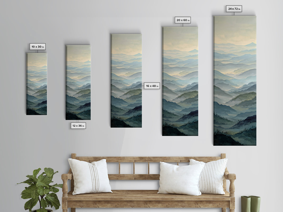 Misty Mountain Valley at Sunrise Canvas Print, Landscape Art, Minimalist Decor, Living Room Decor, Oil Painting, Horizon, LAN-1x3-13
