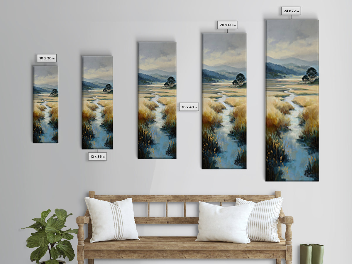 Winding River Through Golden Fields Canvas Print, Landscape Art, Gallery Decor, Living Room Decor, Fine Art, Horizon, LAN-1x3-38