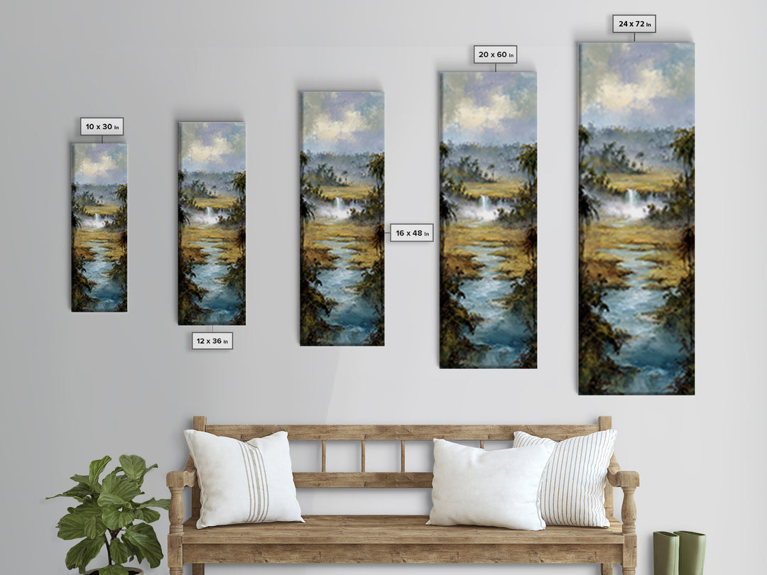 Tropical Jungle Waterfall Framed Canvas Print, Landscape Art, Minimalist Decor, Living Room Decor, Oil Painting, Horizon, LAN-1x3-4