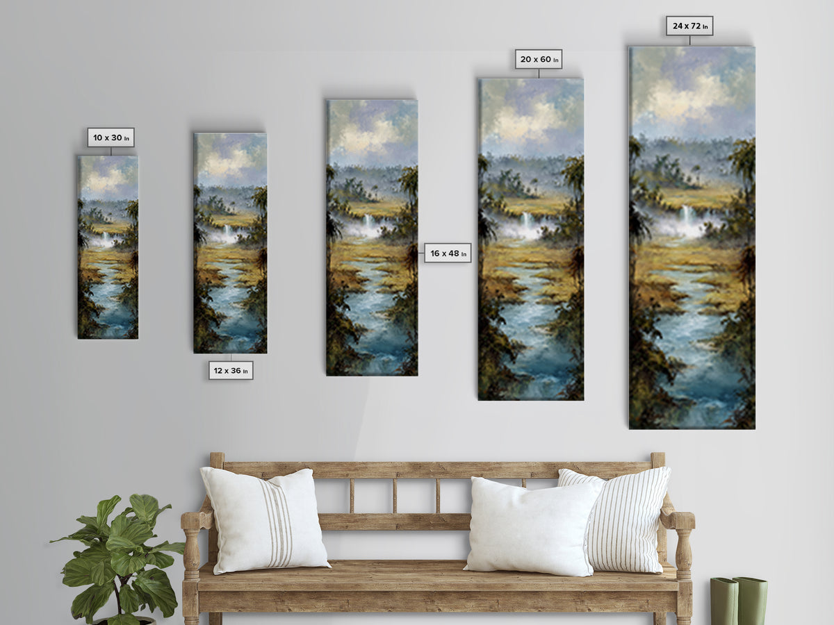 Tropical Jungle Waterfall Framed Canvas Print, Landscape Art, Minimalist Decor, Living Room Decor, Oil Painting, Horizon, LAN-1x3-4