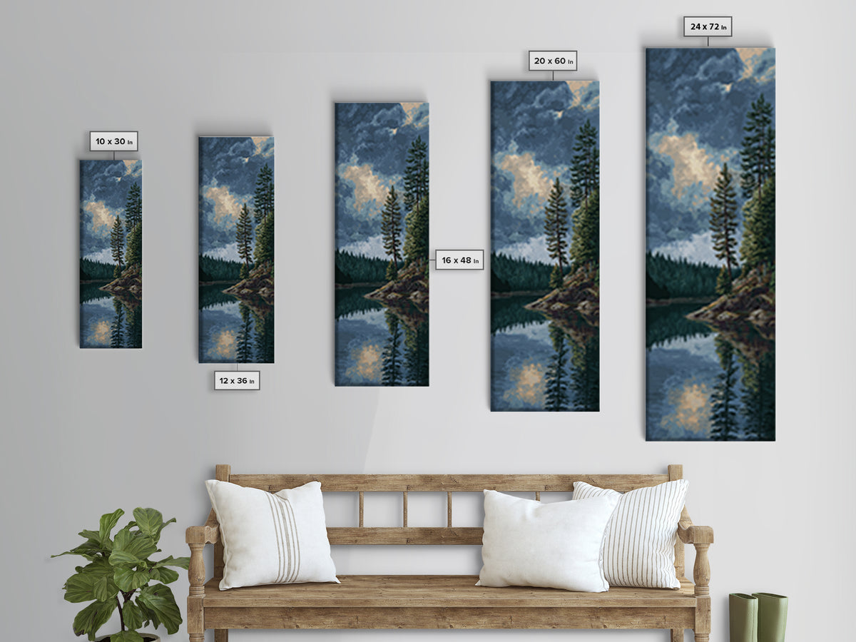Quiet Lake Reflecting Pine Forest Canvas Print, Landscape Art, Framed Wall Art, Living Room Decor, Oil Painting, Horizon, LAN-1x3-40