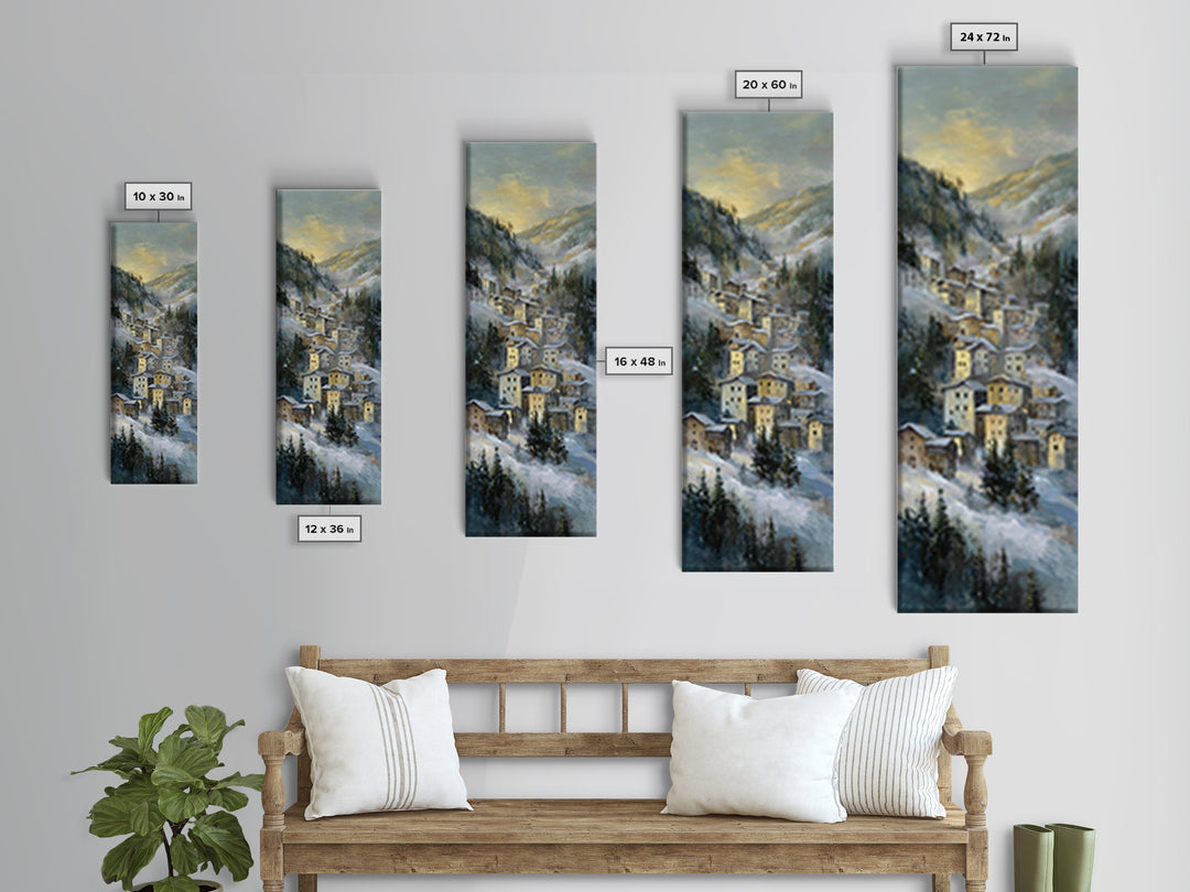 Snow Covered Alpine Village at Dusk Canvas Print, Landscape Art, Abstract Wall Art, Living Room Decor, Fine Art, Horizon, LAN-1x3-43