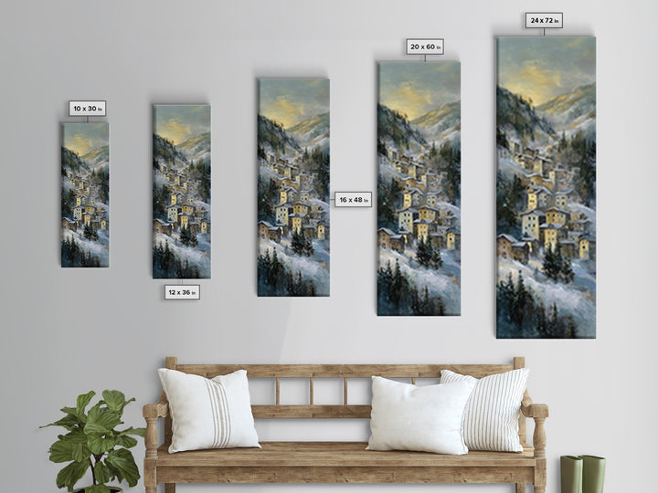 Snow Covered Alpine Village at Dusk Canvas Print, Landscape Art, Abstract Wall Art, Living Room Decor, Fine Art, Horizon, LAN-1x3-43