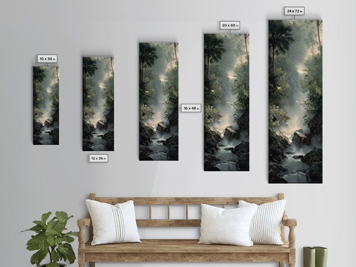 Tropical Jungle Waterfall Framed Canvas Print, Landscape Art, Digital Wall Art, Living Room Decor, Fine Art, Horizon, LAN-1x3-52