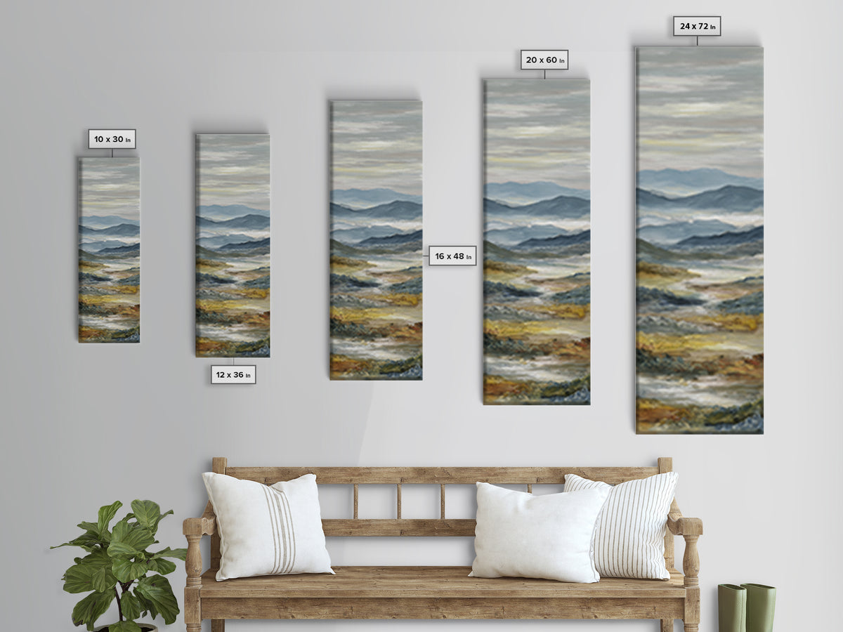 Misty Mountain Valley at Sunrise Framed Canvas Print, Landscape Art, Digital Prints, Living Room Decor, Fine Art, Horizon, LAN-1x3-61