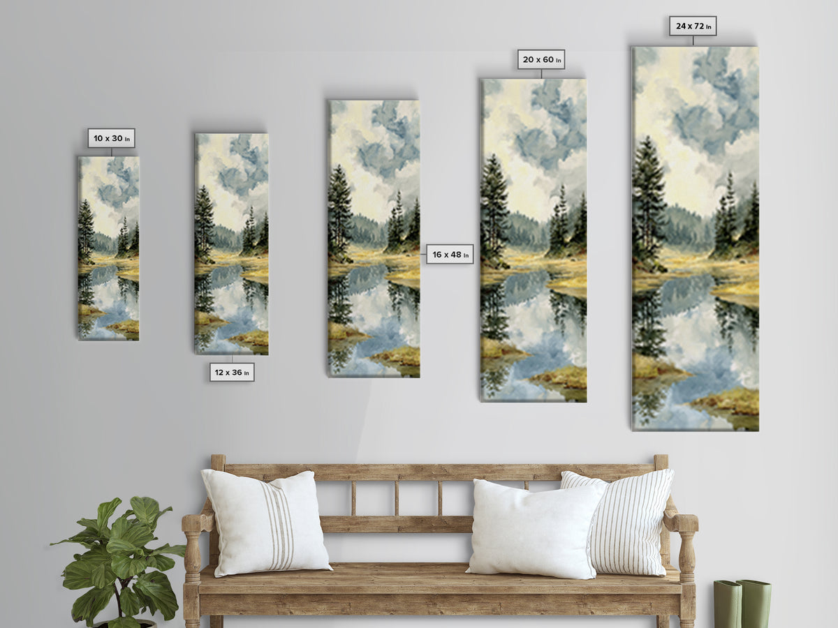 Quiet Lake Reflecting Pine Forest Framed Canvas Print, Landscape Art, Abstract Wall Art, Living Room Decor, Fine Art, Horizon, LAN-1x3-64