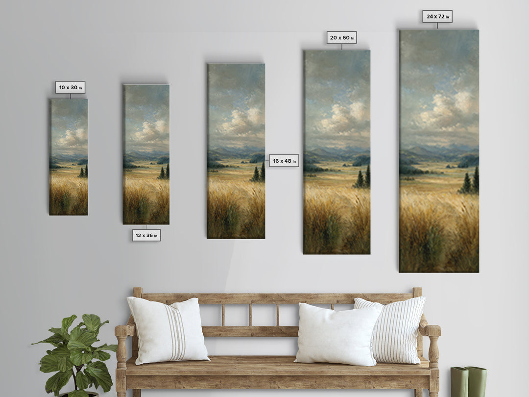 Golden Wheat Field Beneath Huge Clouds Framed Canvas Print, Landscape Art, Living Room Decor, Oil Painting, Horizon, Modern Art, LAN-1x3-84