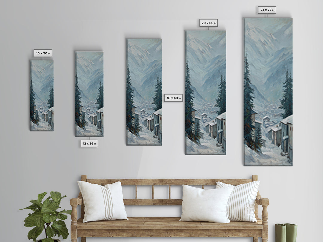Snow Covered Alpine Village at Dusk Framed Canvas Print, Landscape Art, Boho Decor, Living Room Decor, Fine Art, Horizon, LAN-1x3-91