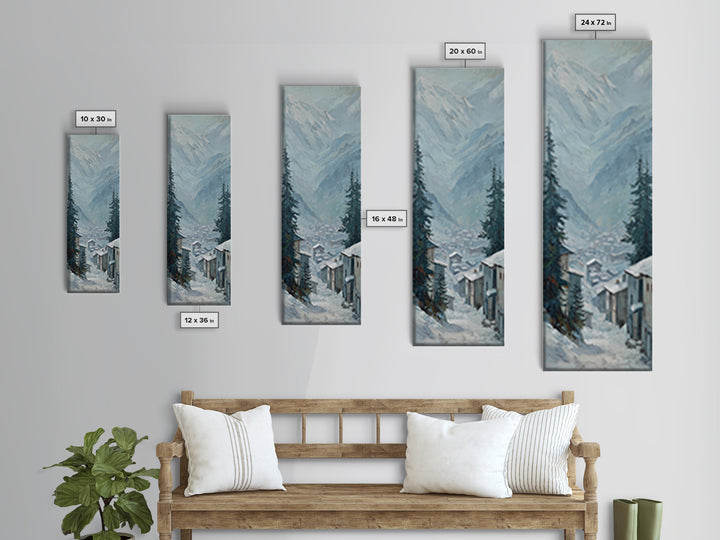 Snow Covered Alpine Village at Dusk Framed Canvas Print, Landscape Art, Boho Decor, Living Room Decor, Fine Art, Horizon, LAN-1x3-91