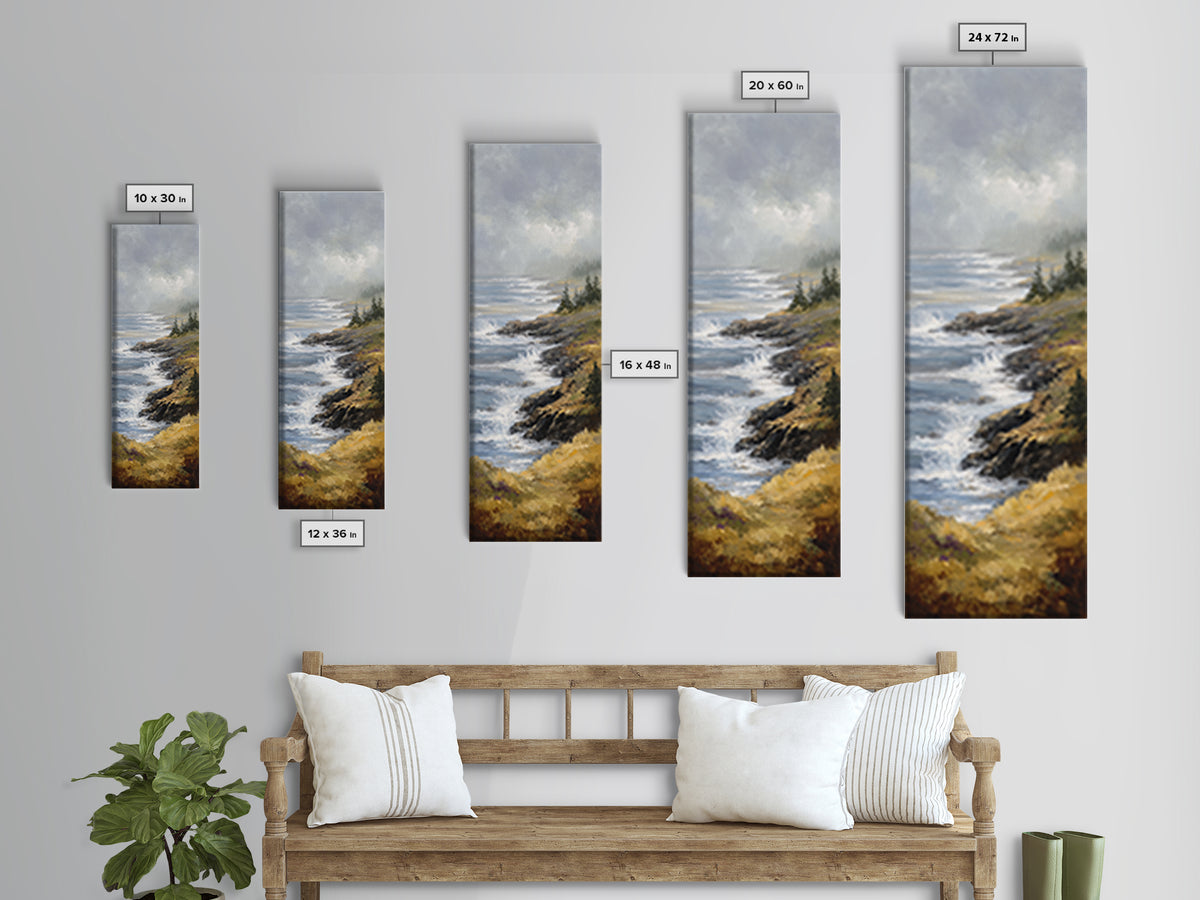 Coastal Cliffs with Crashing Waves Framed Canvas Print, Landscape Art, Modern Wall Art, Living Room Decor, Watercolor Art, LAN-1x3-92