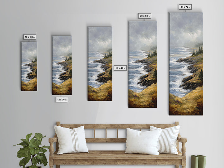 Coastal Cliffs with Crashing Waves Framed Canvas Print, Landscape Art, Modern Wall Art, Living Room Decor, Watercolor Art, LAN-1x3-92