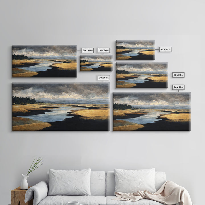 Volcanic Black Beach Framed Canvas Print, Landscape Art, Contemporary Art, Living Room Decor, Fine Art, Horizon, Original Art, LAN-2x1-10