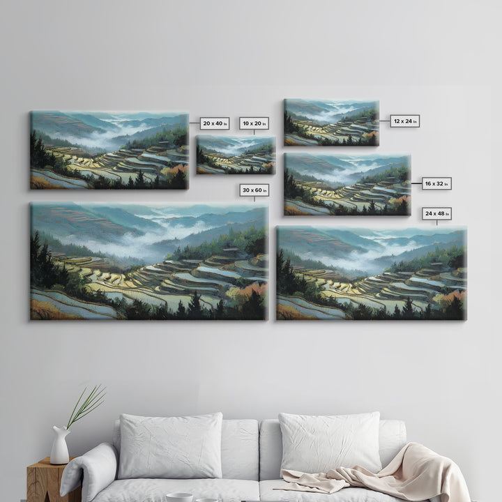 Rice Terraces Glowing Framed Canvas Print, Landscape Art, Luxury Decor, Living Room Decor, Fine Art, Horizon, Digital Art, LAN-2x1-14