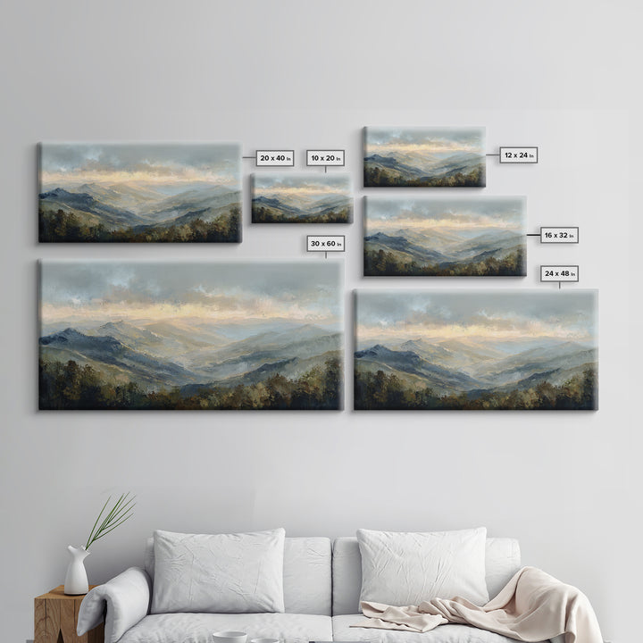 Misty Mountain Valley at Sunrise Canvas Print, Landscape Art, Digital Art, Living Room Decor, Fine Art, Horizon, Boho Wall Art, LAN-2x1-21