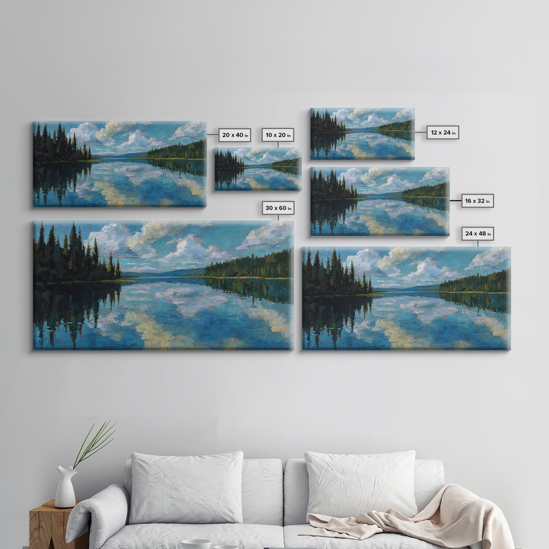 Quiet Lake Reflecting Pine Forest Framed Canvas Print, Landscape Art, Minimalist Decor, Living Room Decor, Oil Painting, LAN-2x1-24