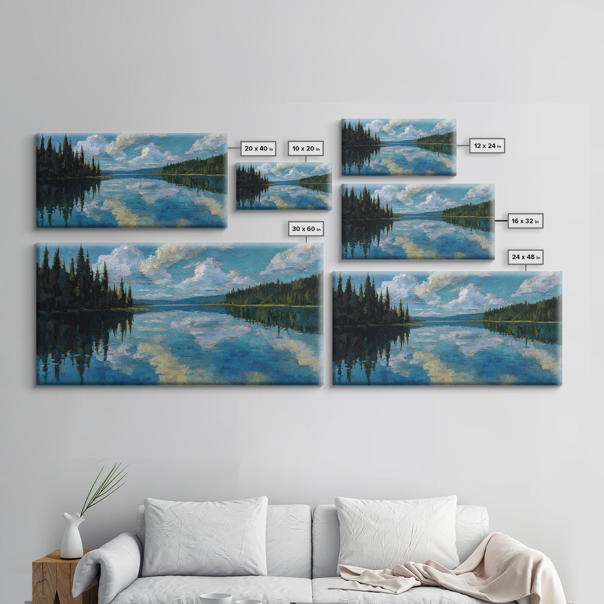 Quiet Lake Reflecting Pine Forest Framed Canvas Print, Landscape Art, Minimalist Decor, Living Room Decor, Oil Painting, LAN-2x1-24