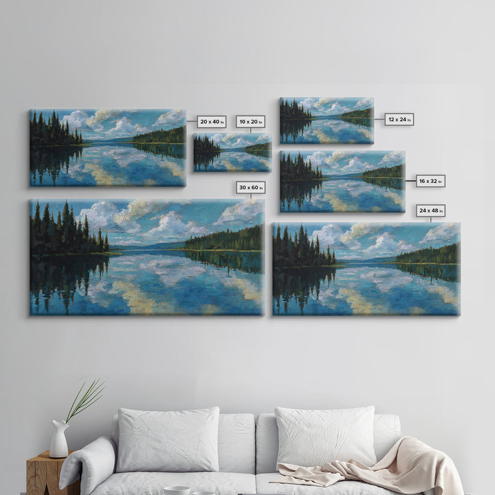 Quiet Lake Reflecting Pine Forest Framed Canvas Print, Landscape Art, Minimalist Decor, Living Room Decor, Oil Painting, LAN-2x1-24