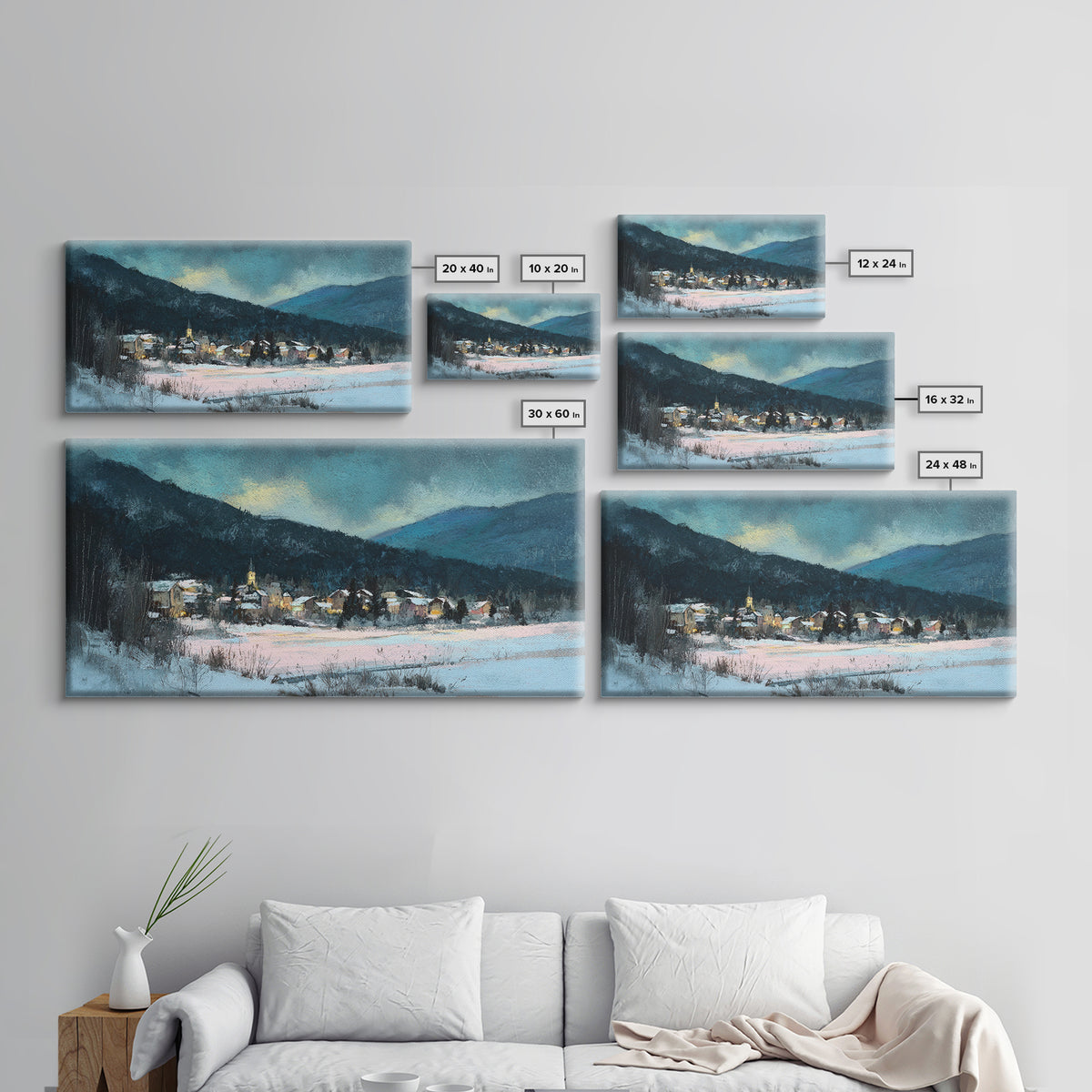 Snow Covered Alpine Village at Dusk Framed Canvas Print, Landscape Art, Boho Decor, Living Room Decor, Fine Art, Horizon, LAN-2x1-27