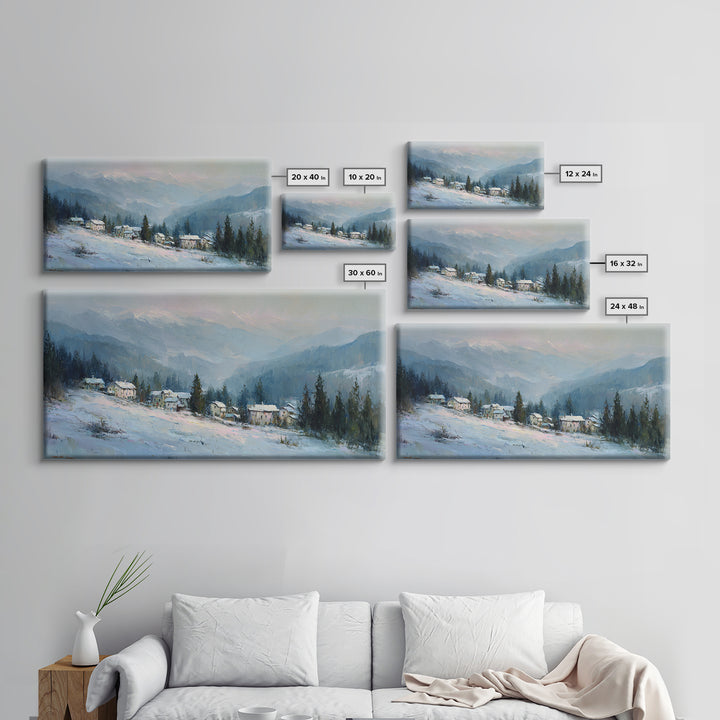 Snow Covered Alpine Village at Dusk Framed Canvas Print, Landscape Art, Framed Wall Art, Living Room Decor, Oil Painting, LAN-2x1-3