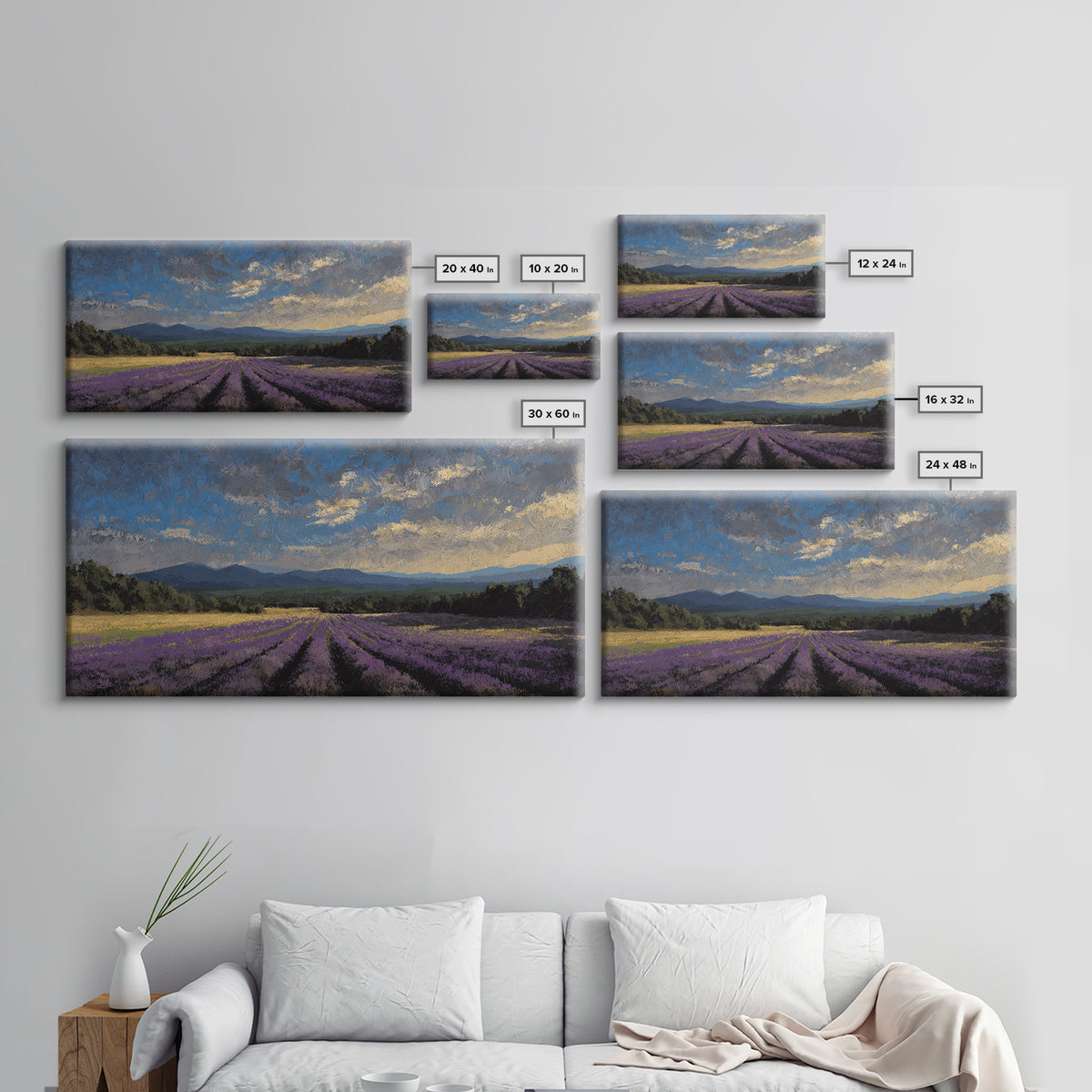 Lavender Field Leading to Distant Hills Framed Canvas Print, Landscape Art, Minimalist Decor, Living Room Decor, Oil Painting, LAN-2x1-30