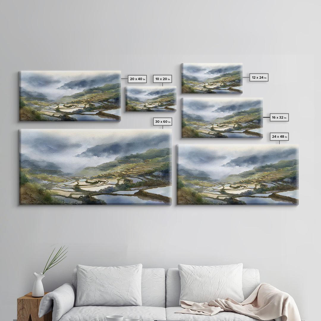Rice Terraces Glowing Framed Canvas Print, Landscape Art, Luxury Decor, Living Room Decor, Fine Art, Horizon, Digital Art, LAN-2x1-38