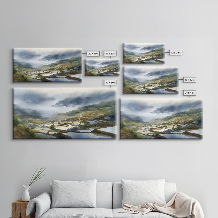 Rice Terraces Glowing Framed Canvas Print, Landscape Art, Luxury Decor, Living Room Decor, Fine Art, Horizon, Digital Art, LAN-2x1-38