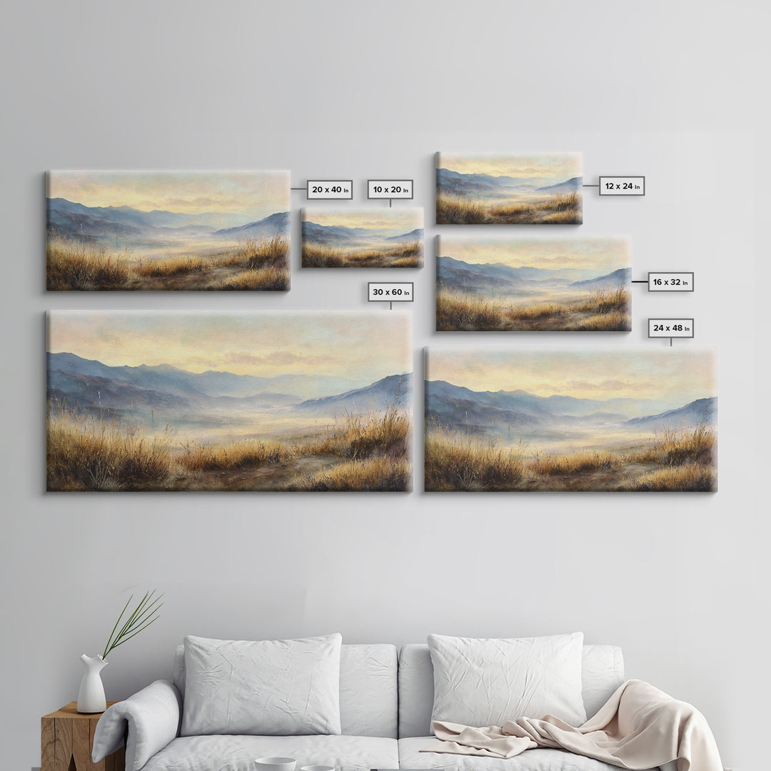 Misty Mountain Valley at Sunrise Framed Canvas Print, Landscape Art, Framed Wall Art, Living Room Decor, Oil Painting, Horizon, LAN-2x1-45