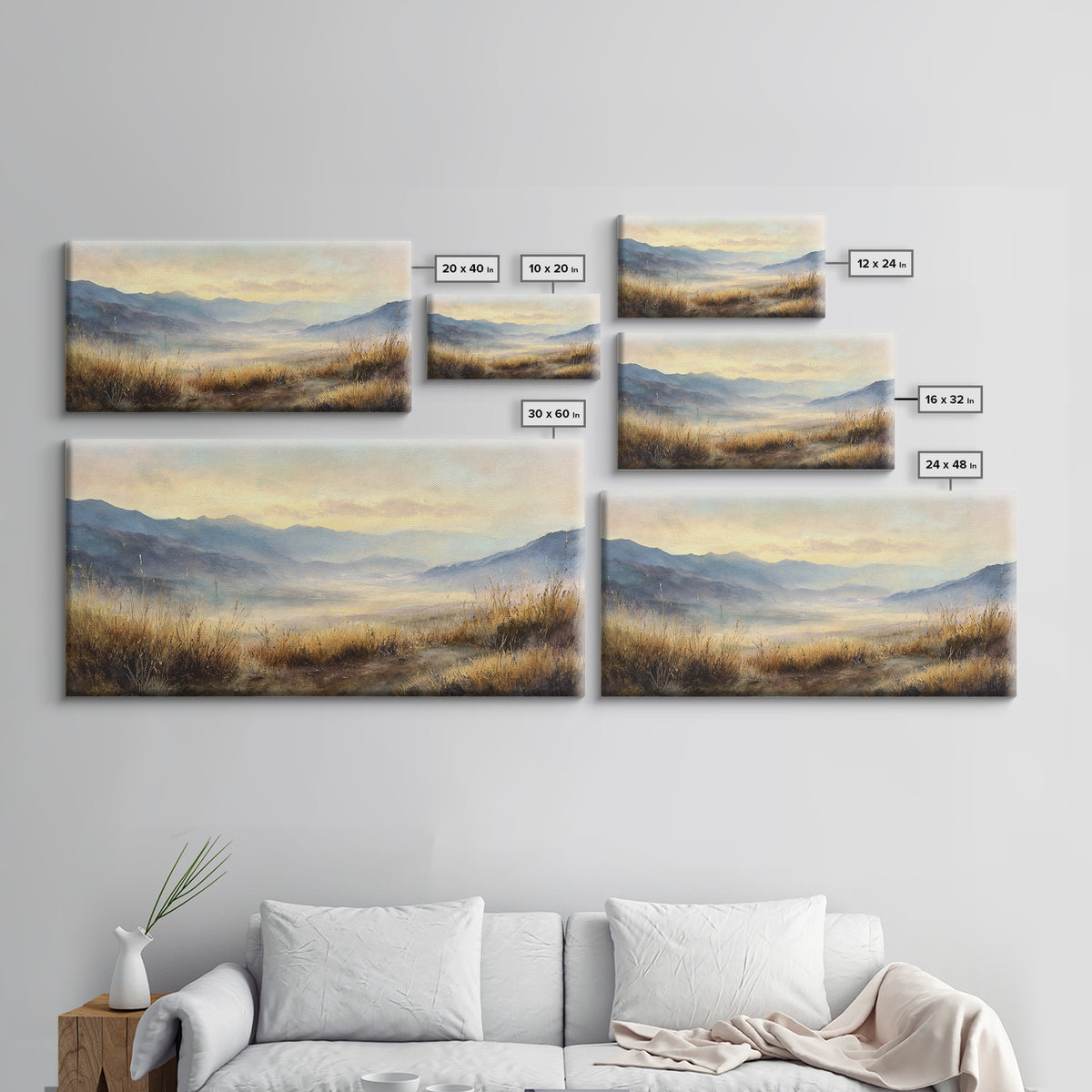 Misty Mountain Valley at Sunrise Framed Canvas Print, Landscape Art, Framed Wall Art, Living Room Decor, Oil Painting, Horizon, LAN-2x1-45