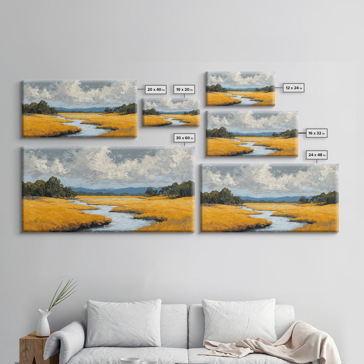 Winding River Through Golden Fields Framed Canvas Print, Landscape Art, Wall Decor, Living Room Decor, Fine Art, Horizon, LAN-2x1-46