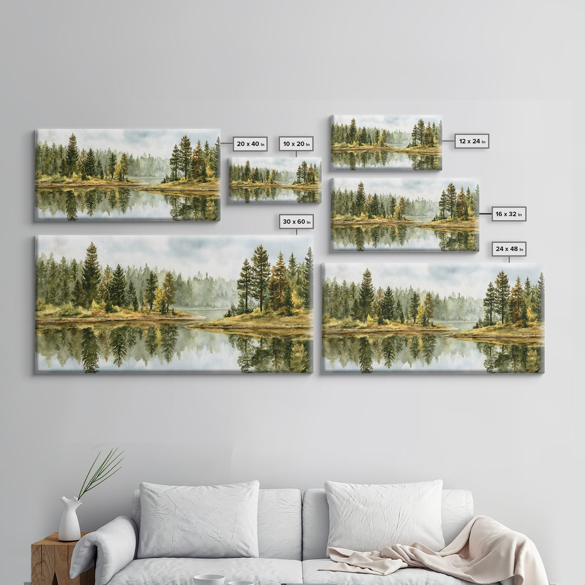 Quiet Lake Reflecting Pine Forest Canvas Print, Landscape Art, Digital Prints, Living Room Decor, Horizon, Farmhouse Decor, LAN-2x1-48