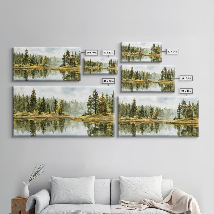 Quiet Lake Reflecting Pine Forest Canvas Print, Landscape Art, Digital Prints, Living Room Decor, Horizon, Farmhouse Decor, LAN-2x1-48