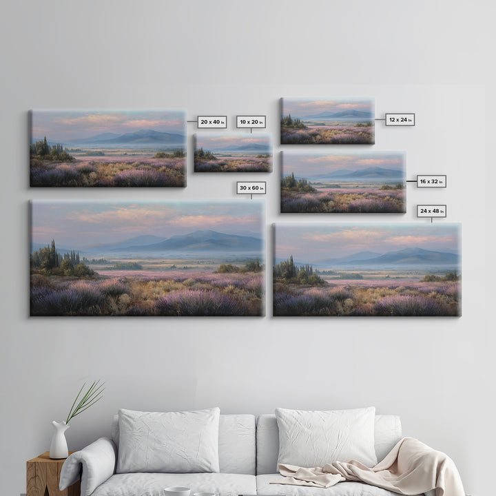 Lavender Field Leading to Distant Hills Framed Canvas Print, Landscape Art, Minimalist Decor, Living Room Decor, Oil Painting, LAN-2x1-6
